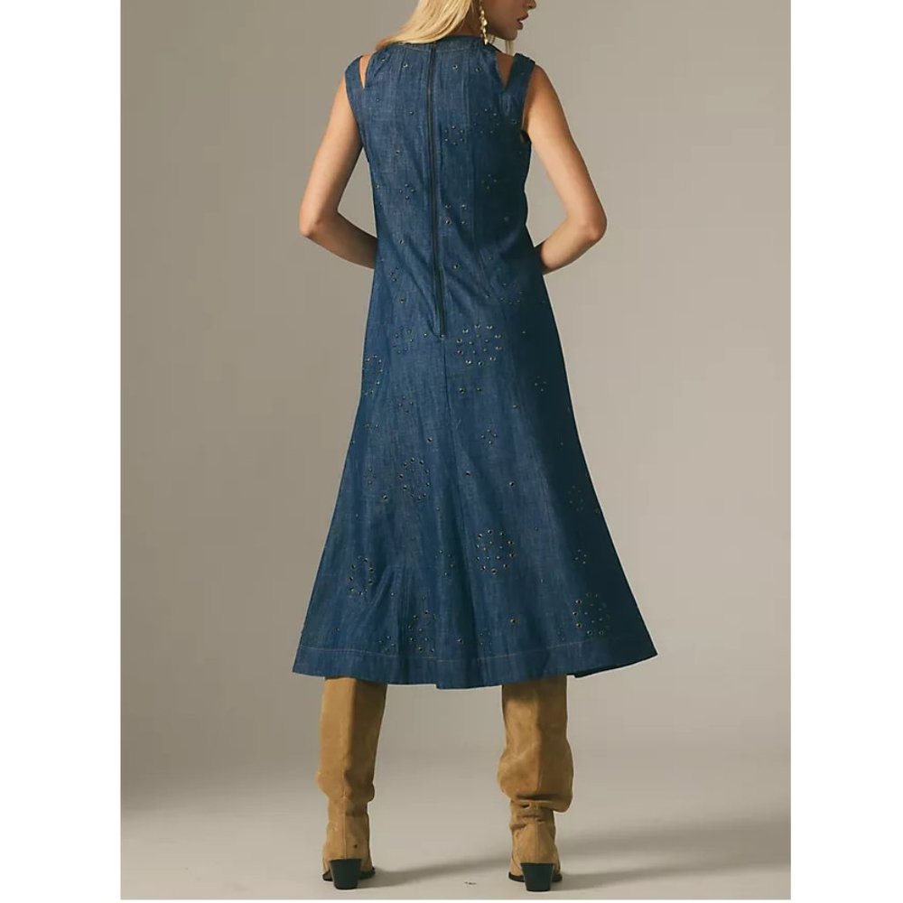 By Anthropologie Grommet Denim Midi Dress Medium Blue Size 00 XXS Petite - Picture 3 of 11